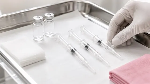 Prefilled syringes and sealed glass vials laid out on a stainless steel tray, with a gloved hand reaching for one
