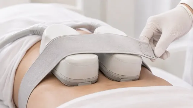 A body-contouring applicator strapped across a client's abdomen, being positioned by gloved hands