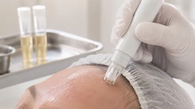 A gloved practitioner passing a microneedling handpiece across a client's forehead