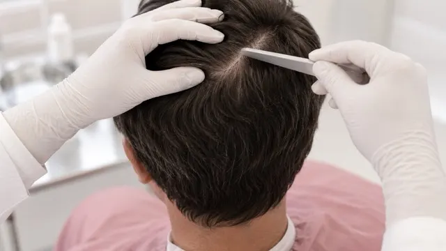 Gloved hands parting the hair at a client's crown to reach the scalp