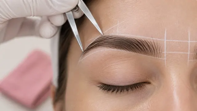 A brow being shaped with fine tweezers against measured mapping lines drawn on the skin